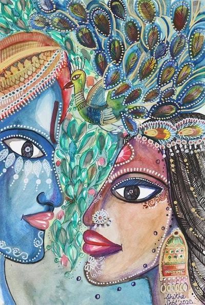 Alternate image for Watercolor Painting on Paper with Peacock Motif Raas Leela