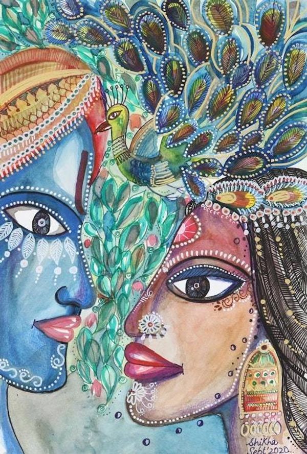 Alternate image for Watercolor Painting on Paper with Peacock Motif Raas Leela