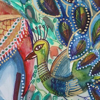 Alternate image for Watercolor Painting on Paper with Peacock Motif Raas Leela