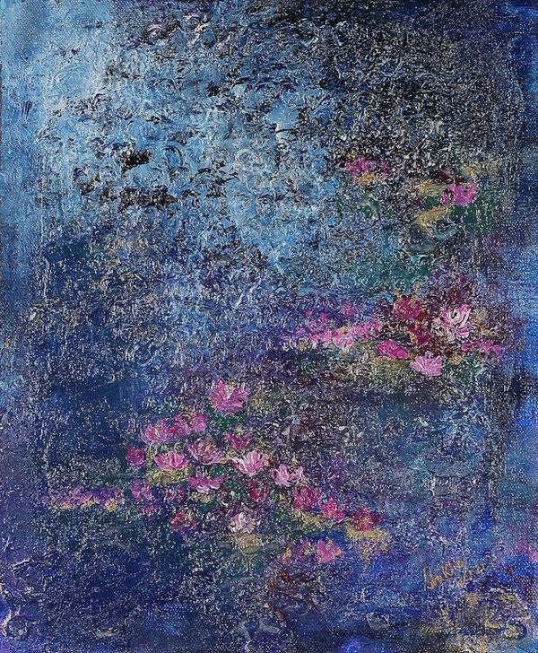 Alternate image for Expressionist Acrylic on Canvas Painting of Floral Pond Lily Pond II