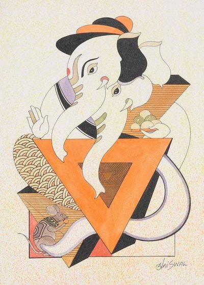 Primary image for Beige Expressionist Painting of Ganesha from India Dvimukha Ganapati