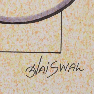 Alternate image for Beige Expressionist Painting of Ganesha from India Dvimukha Ganapati