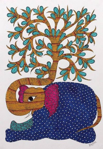 Primary image for Elephant-Themed Traditional Acrylic Gond Painting on Paper Harmony Between Nature