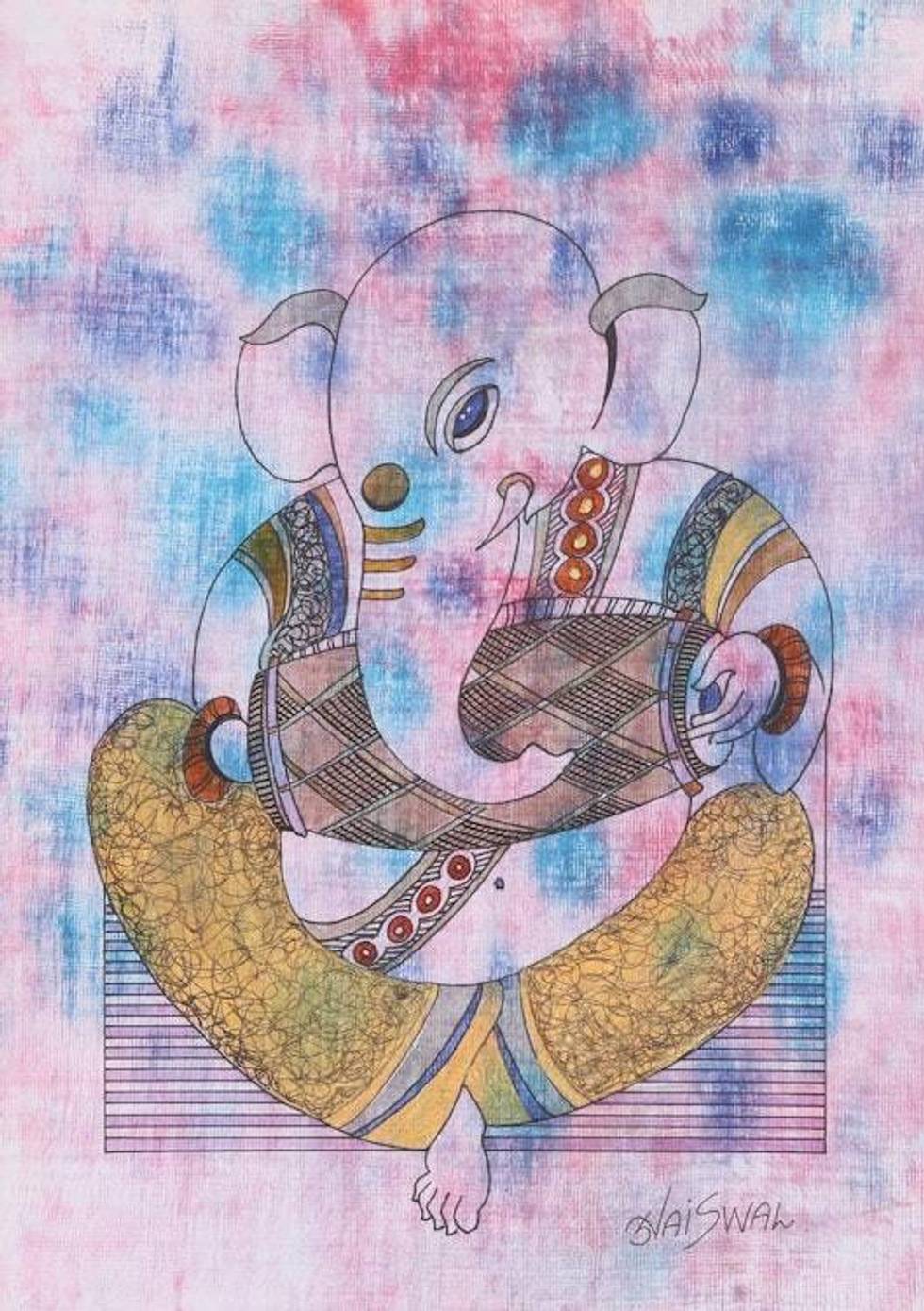 Music-Themed Expressionist Ganesha Painting from India 'Ganesha - Playing Drum'