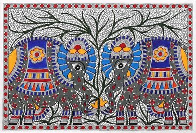 Primary image for Elephant-Themed Acrylic on Handmade Paper Madhubani Painting Forever Friends