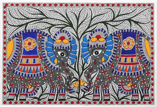 Alternate image for Elephant-Themed Acrylic on Handmade Paper Madhubani Painting Forever Friends