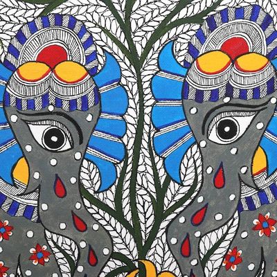 Alternate image for Elephant-Themed Acrylic on Handmade Paper Madhubani Painting Forever Friends