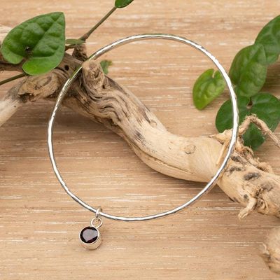 Primary image for Hammered Silver Bangle Bracelet with Swaying Garnet Pendant Swaying Sparkle