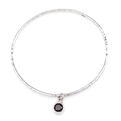 Alternate image for Hammered Silver Bangle Bracelet with Swaying Garnet Pendant Swaying Sparkle