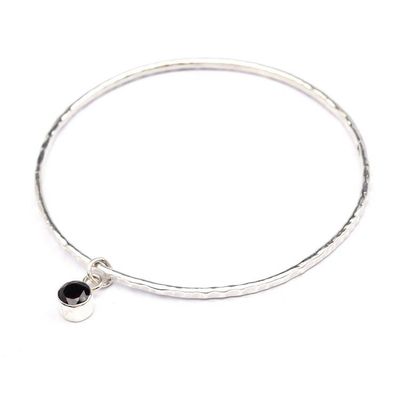 Alternate image for Hammered Silver Bangle Bracelet with Swaying Garnet Pendant Swaying Sparkle