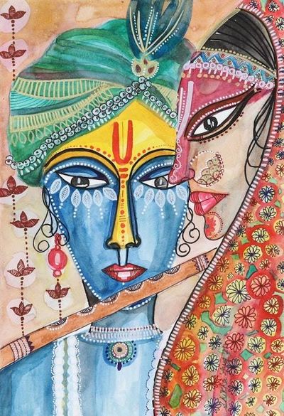 Alternate image for Music-Themed Watercolor Painting on Handmade Paper Musical Krishna