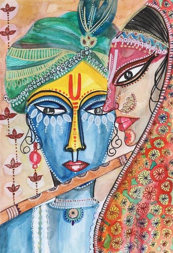 Alternate image for Music-Themed Watercolor Painting on Handmade Paper Musical Krishna