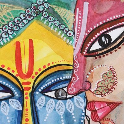 Alternate image for Music-Themed Watercolor Painting on Handmade Paper Musical Krishna