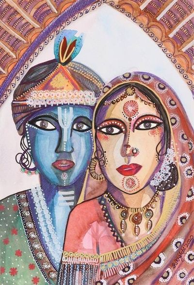 Alternate image for Watercolor Krishna Painting on Handmade Paper Krishna with Rukmini