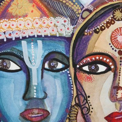 Alternate image for Watercolor Krishna Painting on Handmade Paper Krishna with Rukmini
