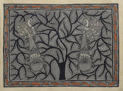 Alternate image for Madhubani Painting of a Tree with Birds in Black and White Peacocks In Love