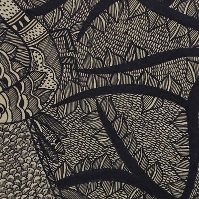 Alternate image for Madhubani Painting of a Tree with Birds in Black and White Peacocks In Love
