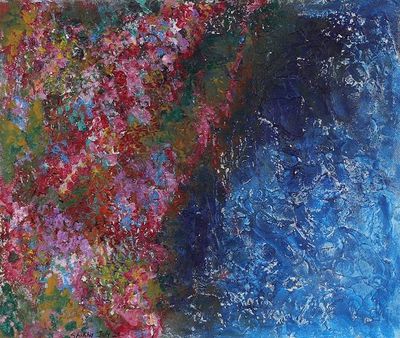 Alternate image for Signed Acrylic and Watercolor Abstract Painting from India Valley of Flowers