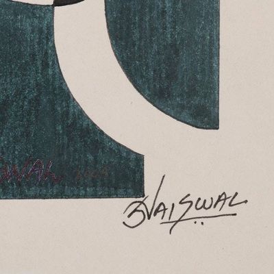 Alternate image for Signed Cubist Painting in Blue from India Harmony