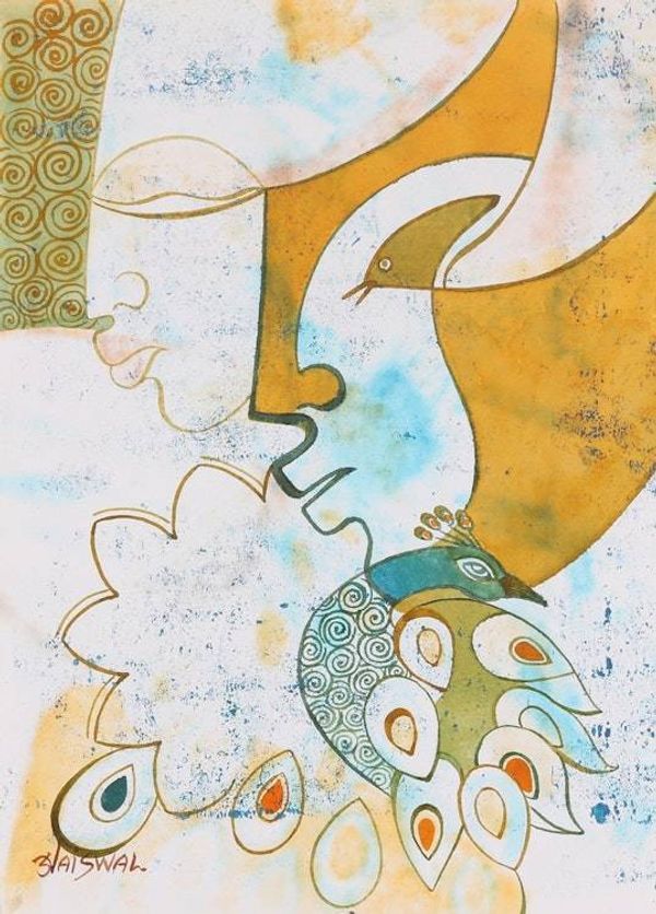 Alternate image for Signed Expressionist Krishna and Radha Painting from India Krishna  Radha