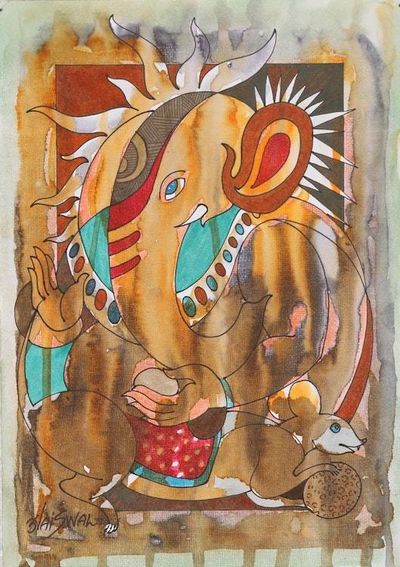 Alternate image for Multimedia Expressionist Ganesha Painting in Brown Srishti Ganapati