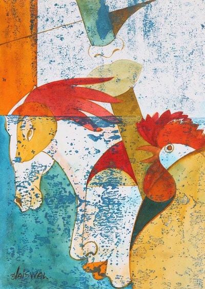 Primary image for Signed Expressionist Rooster and Horse Painting from India Natures Creation