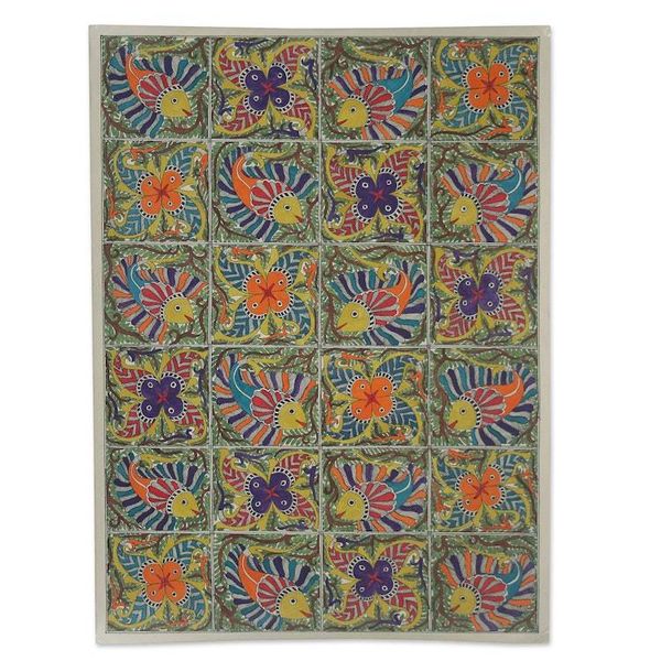 Alternate image for Signed Fish-Themed Madhubani Painting from India Water World