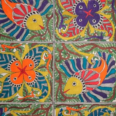 Alternate image for Signed Fish-Themed Madhubani Painting from India Water World