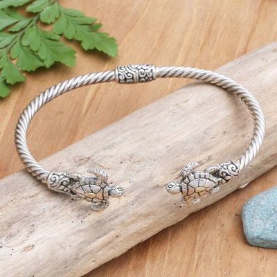 Alternate image for Handcrafted Sealife Sterling Silver Cuff Bracelet from Bali Twin Turtles