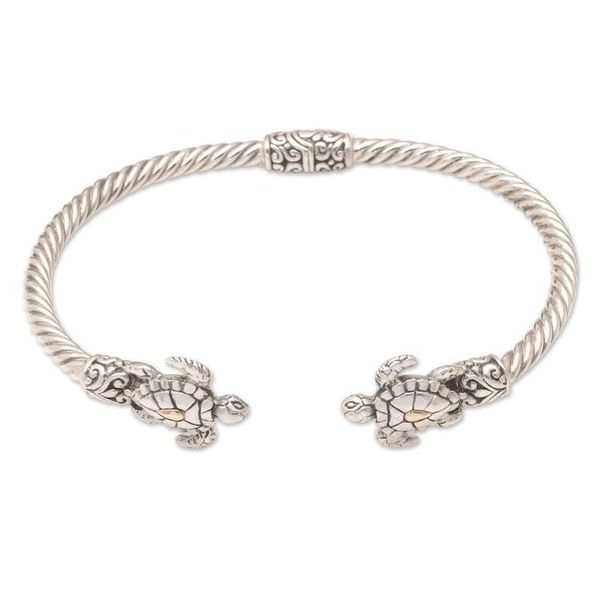 Alternate image for Handcrafted Sealife Sterling Silver Cuff Bracelet from Bali Twin Turtles