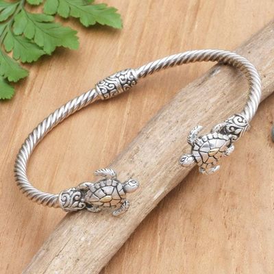Alternate image for Handcrafted Sealife Sterling Silver Cuff Bracelet from Bali Twin Turtles
