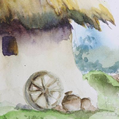 Alternate image for Signed Stretched Watercolor Landscape Painting from India Indian Village
