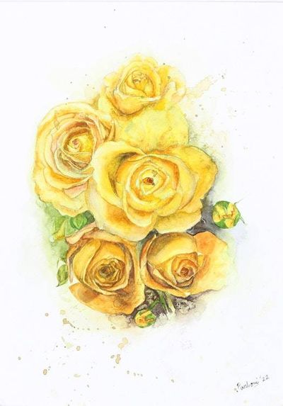 Primary image for Signed Stretched Watercolor Painting of Yellow Bouquet Bunch of Roses