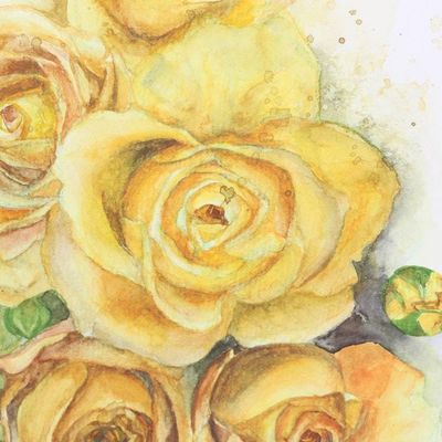 Alternate image for Signed Stretched Watercolor Painting of Yellow Bouquet Bunch of Roses
