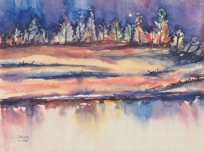 Alternate image for Watercolor Landscape on Handmade Paper Reflection of Nature