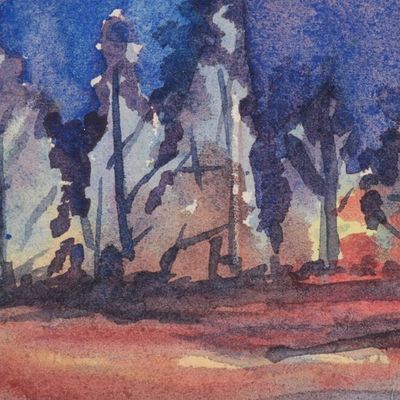 Alternate image for Watercolor Landscape on Handmade Paper Reflection of Nature