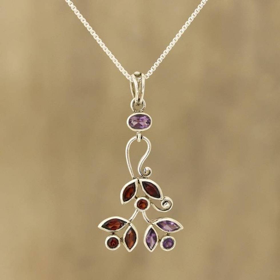 Amethyst and Garnet Pendant Necklace from India 'Leafy Dazzle'