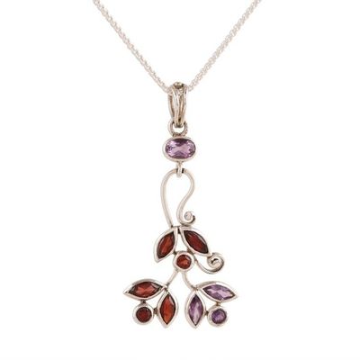 Alternate image for Amethyst and Garnet Pendant Necklace from India Leafy Dazzle