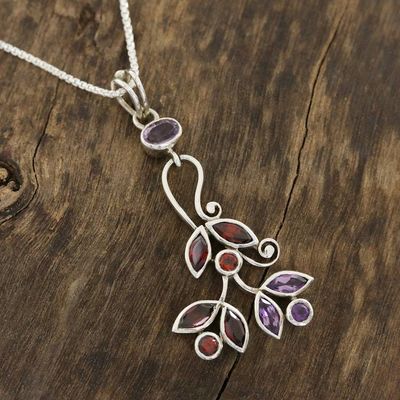Alternate image for Amethyst and Garnet Pendant Necklace from India Leafy Dazzle