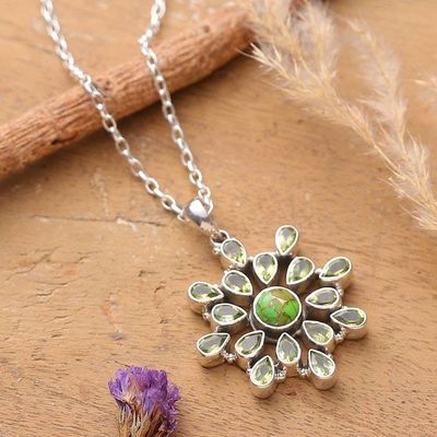 Primary image for Peridot Reconstituted Turquoise Floral Pendant Necklace Verdant Bloom