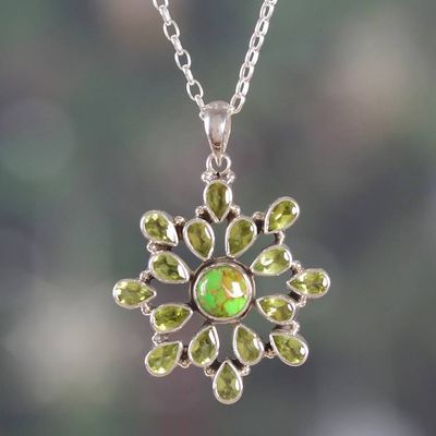 Alternate image for Peridot Reconstituted Turquoise Floral Pendant Necklace Verdant Bloom
