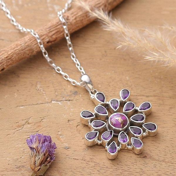 Alternate image for Amethyst Reconstituted Turquoise Silver Pendant Necklace Purple Bloom