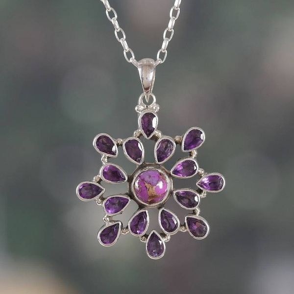 Alternate image for Amethyst Reconstituted Turquoise Silver Pendant Necklace Purple Bloom