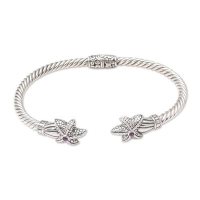 Alternate image for Handcrafted Sterling Silver Amethyst Cuff Bracelet from Bali Twin Starfish in Purple