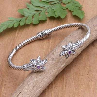 Alternate image for Handcrafted Sterling Silver Amethyst Cuff Bracelet from Bali Twin Starfish in Purple