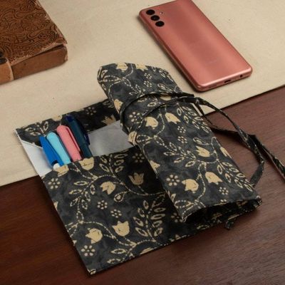 Alternate image for Black and Yellow Cotton Roll Pencil Case with Floral Theme Nighttime Illusions