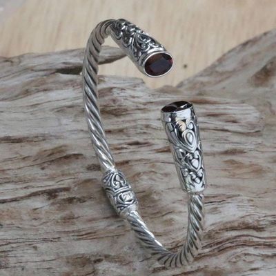 Alternate image for Red Garnet Sterling Silver Cuff Bracelet Floral Rope Pattern Refined Red