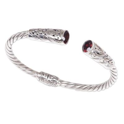 Alternate image for Red Garnet Sterling Silver Cuff Bracelet Floral Rope Pattern Refined Red