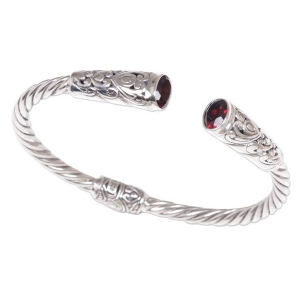 Alternate image for Red Garnet Sterling Silver Cuff Bracelet Floral Rope Pattern Refined Red