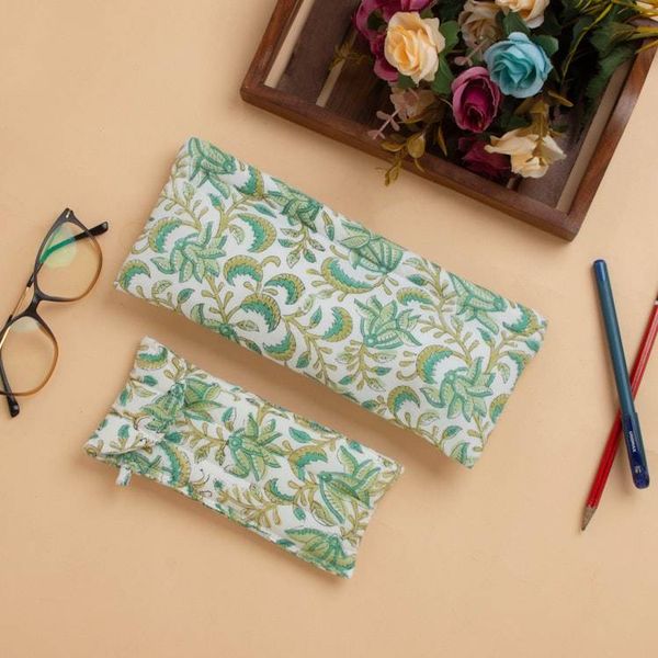 Alternate image for 2-Piece Cotton Pencil and Eyeglass Case Set with Leaf Design Leafy Functionality